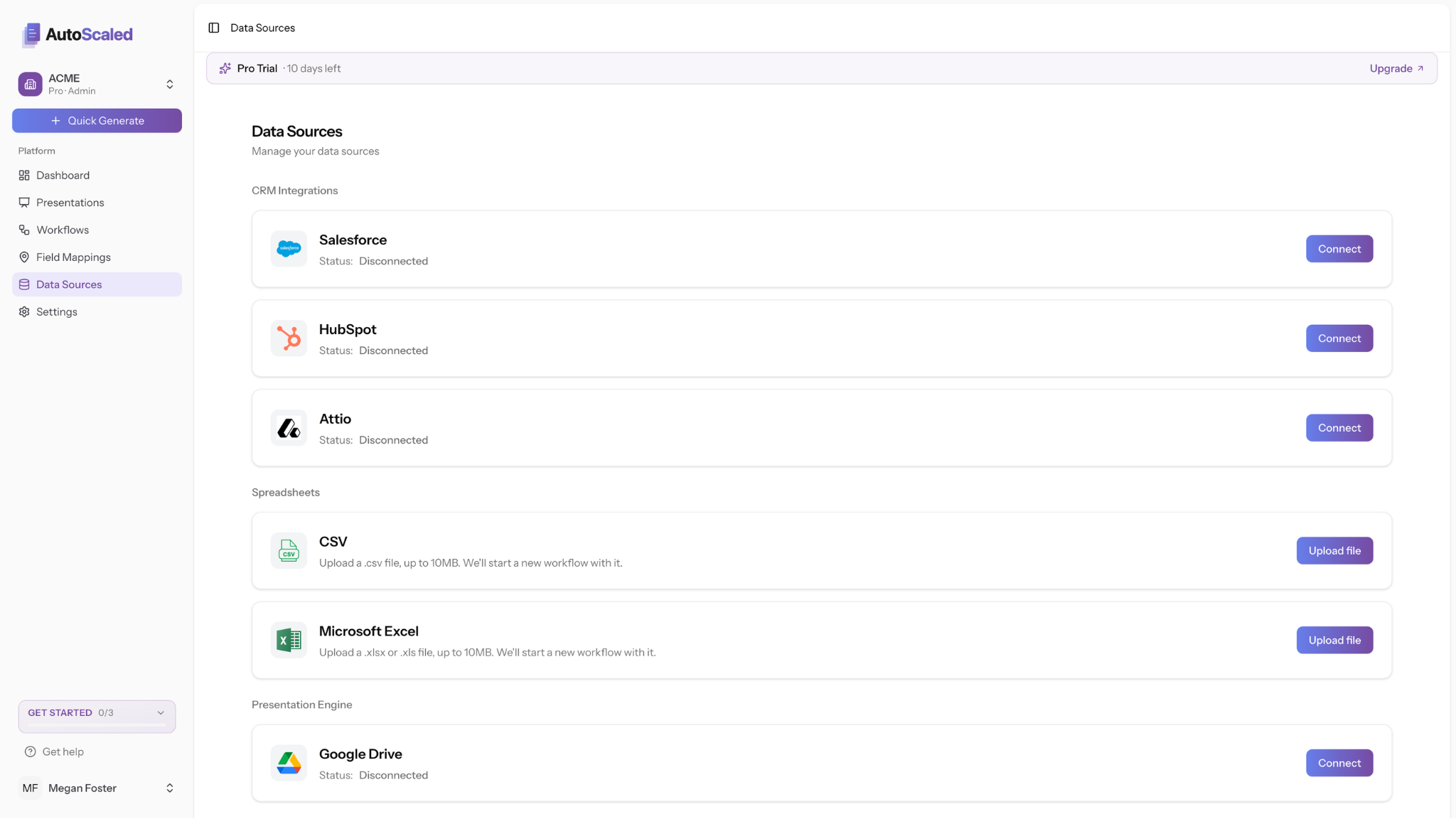 Screenshot: AutoScaled Data Sources page with CRM rows, CSV and Microsoft Excel upload rows including Upload file actions, and presentation engine integrations.
