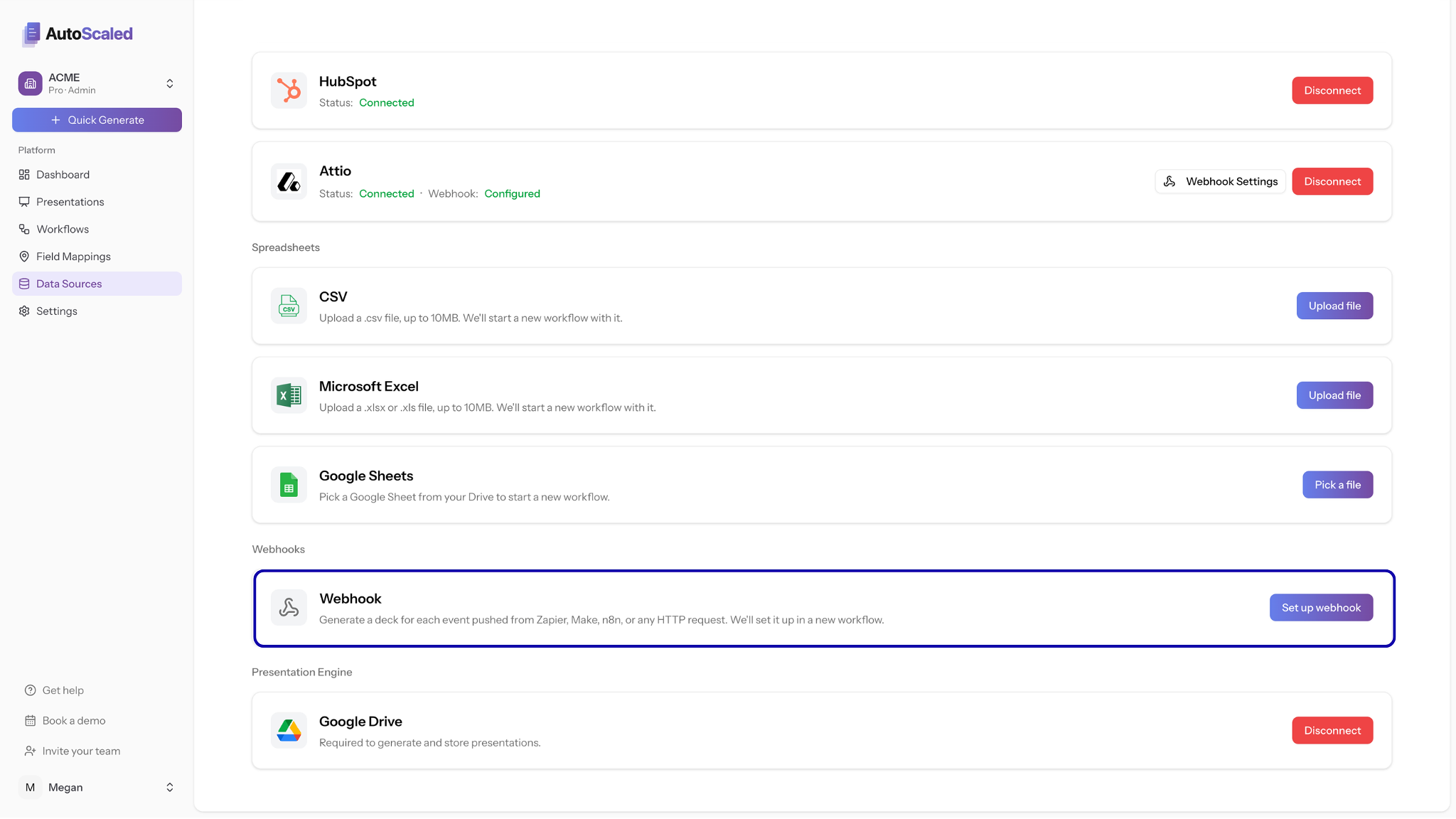Screenshot: AutoScaled Data Sources page with the Webhooks row and Set up webhook button highlighted.