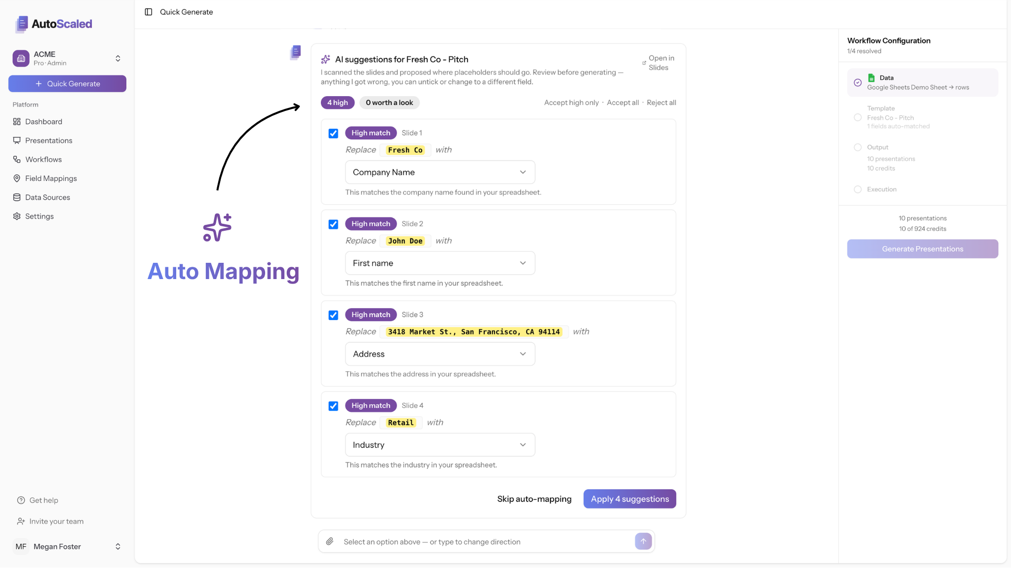Screenshot: AutoScaled AI auto-mapping interface matching CRM and spreadsheet fields to presentation placeholders with confidence labels.