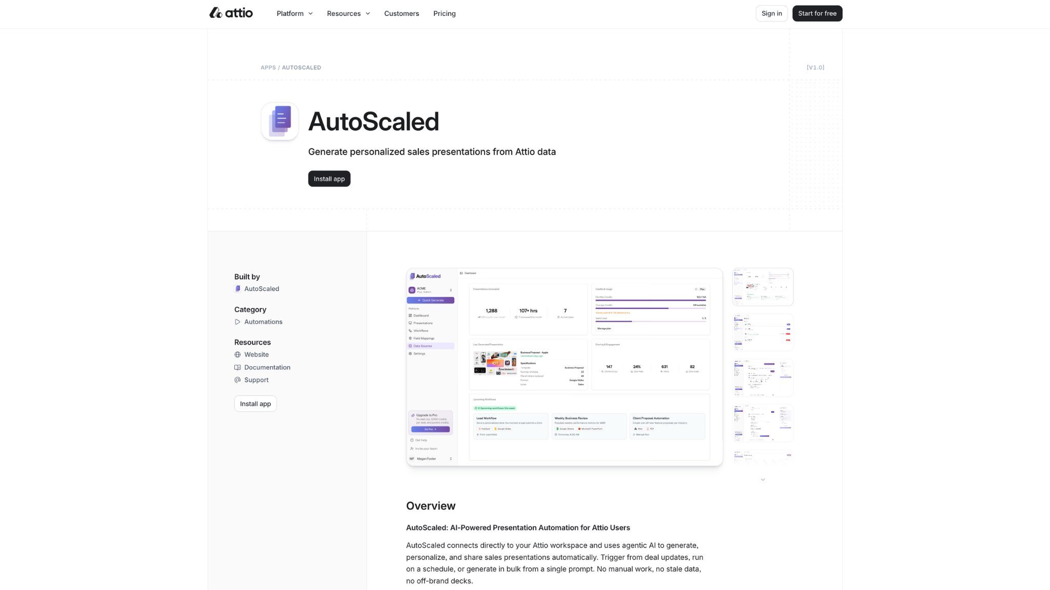 Screenshot: AutoScaled listing in the Attio App Store with install button and app preview.