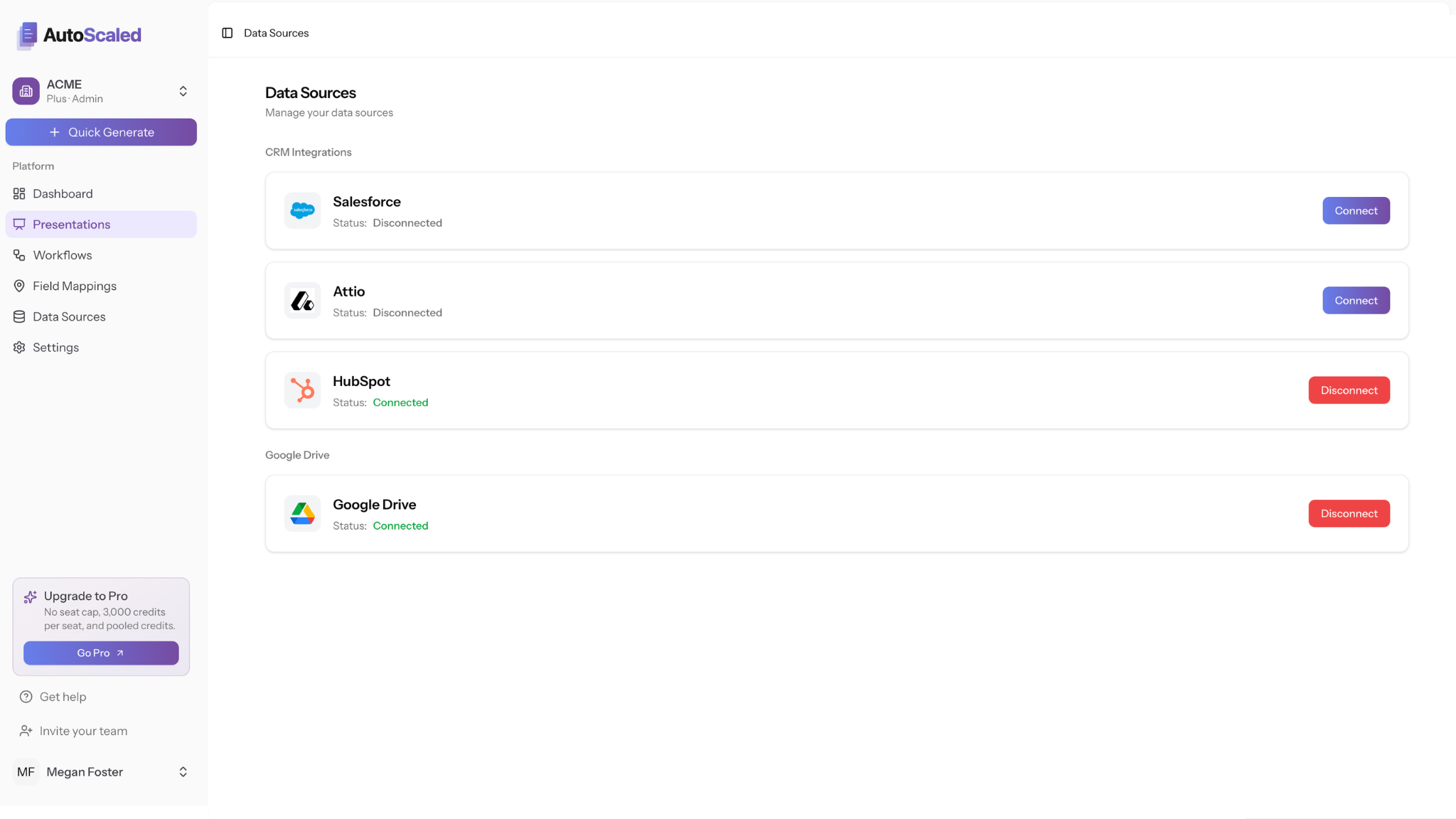 AutoScaled Data Sources page with HubSpot and Google Drive connected for CRM-to-Slides automation.