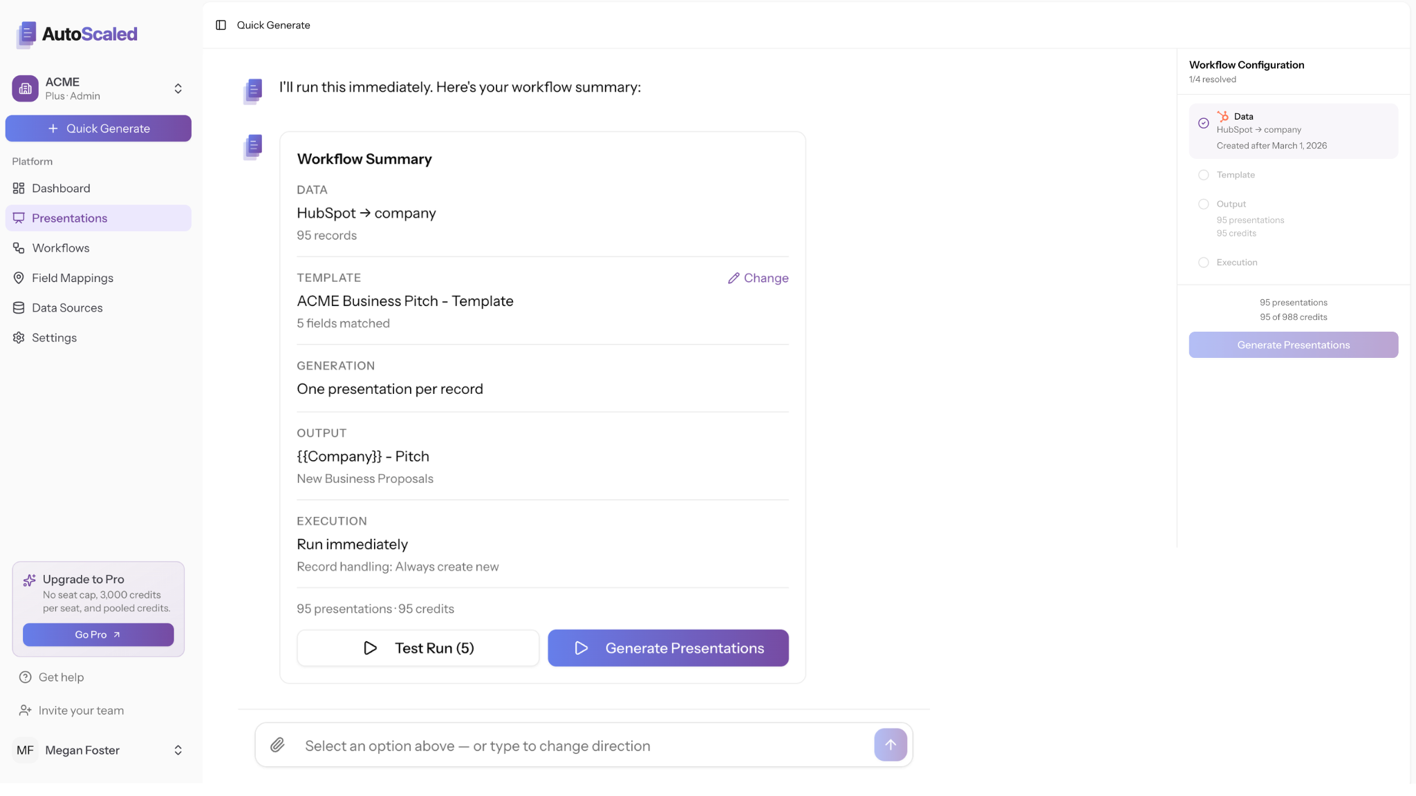 Workflow summary in AutoScaled: HubSpot company data, matched template fields, output naming, and batch generate controls.