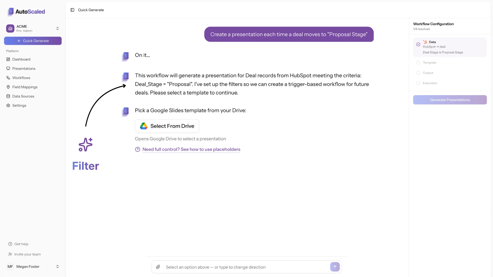 AutoScaled Quick Generate configuring a HubSpot deal stage trigger when deals move to Proposal Stage