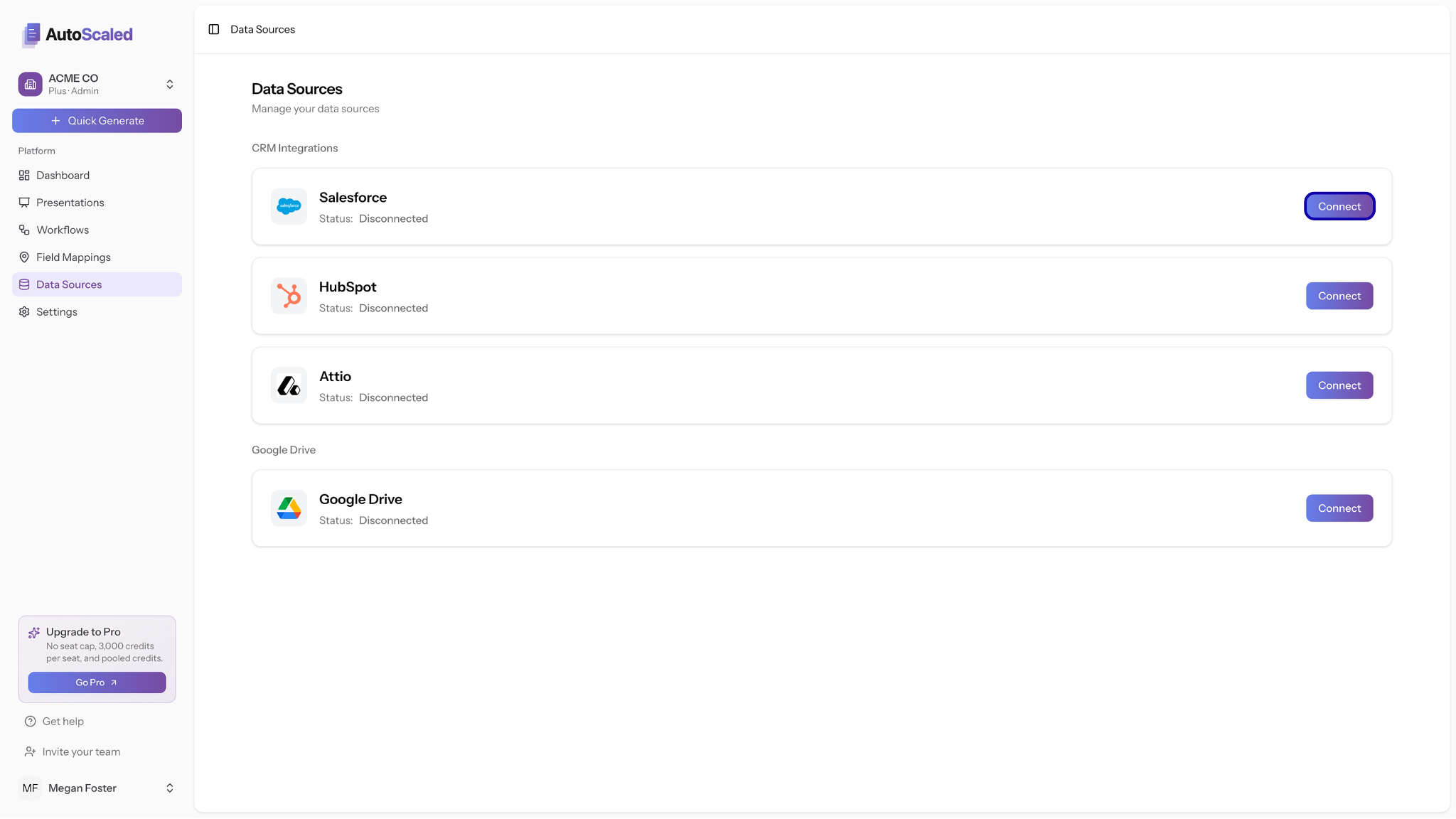AutoScaled Data Sources page with Salesforce and Google Drive connected for CRM-to-Slides automation.