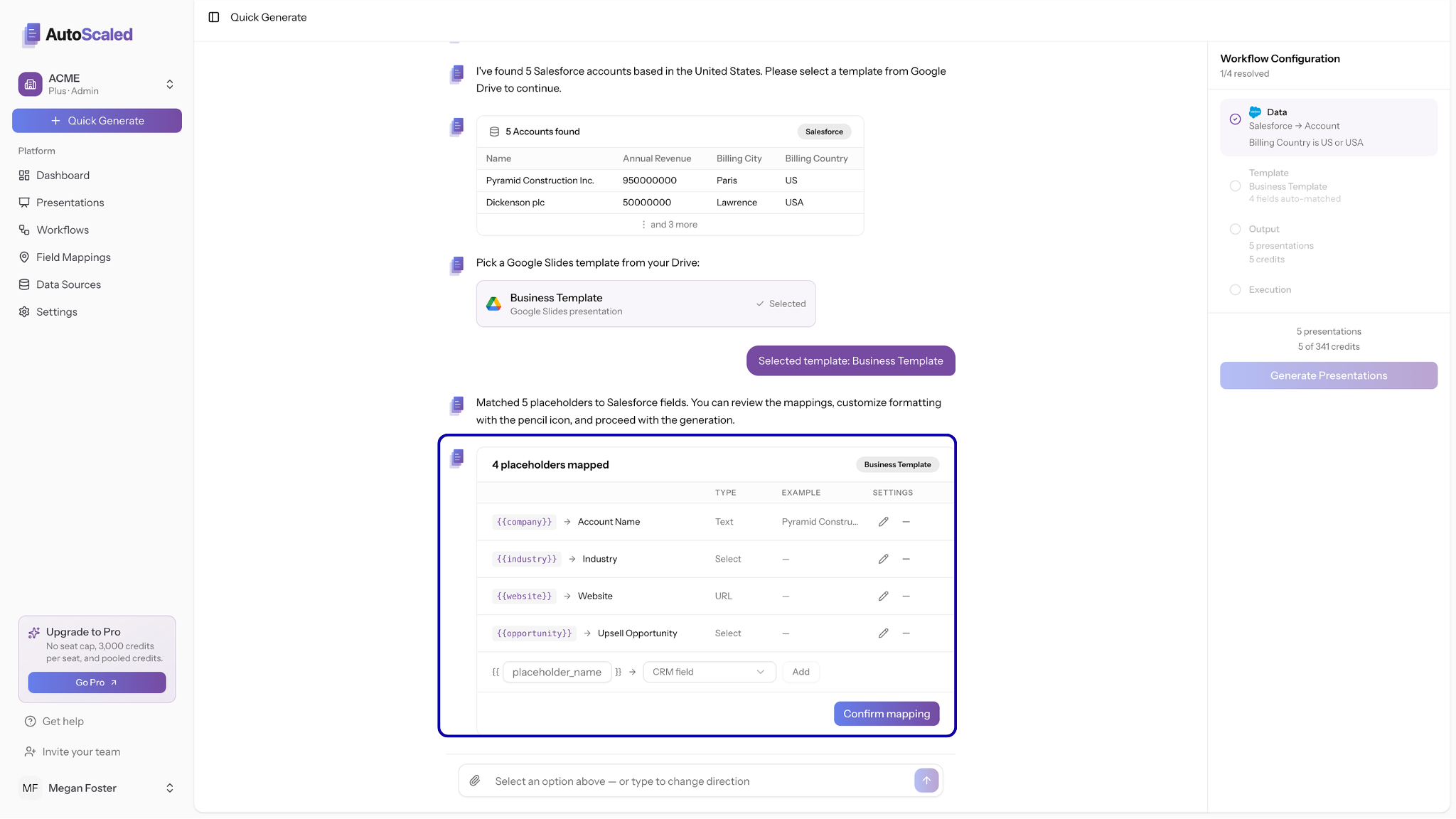 AutoScaled template mapping review showing Salesforce field matches with high- and low-confidence scores before batch generation.
