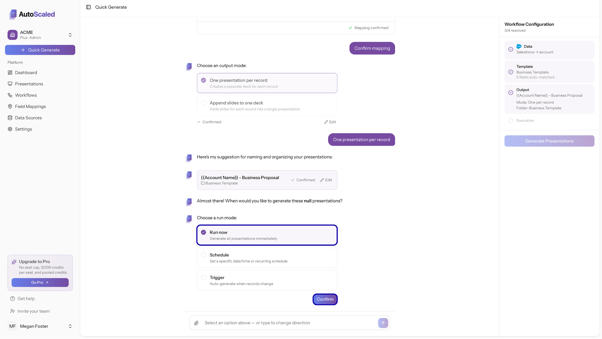 AutoScaled workflow setup showing on-demand, scheduled, and Salesforce event trigger options for Google Slides generation.