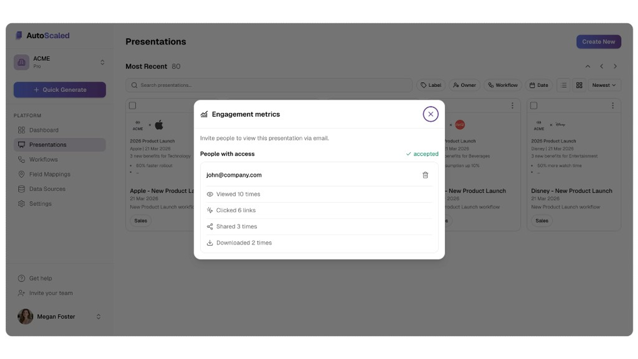 Screenshot of the AutoScaled Presentations view with the Engagement metrics modal open: recipient access, views, link clicks, shares, and downloads.