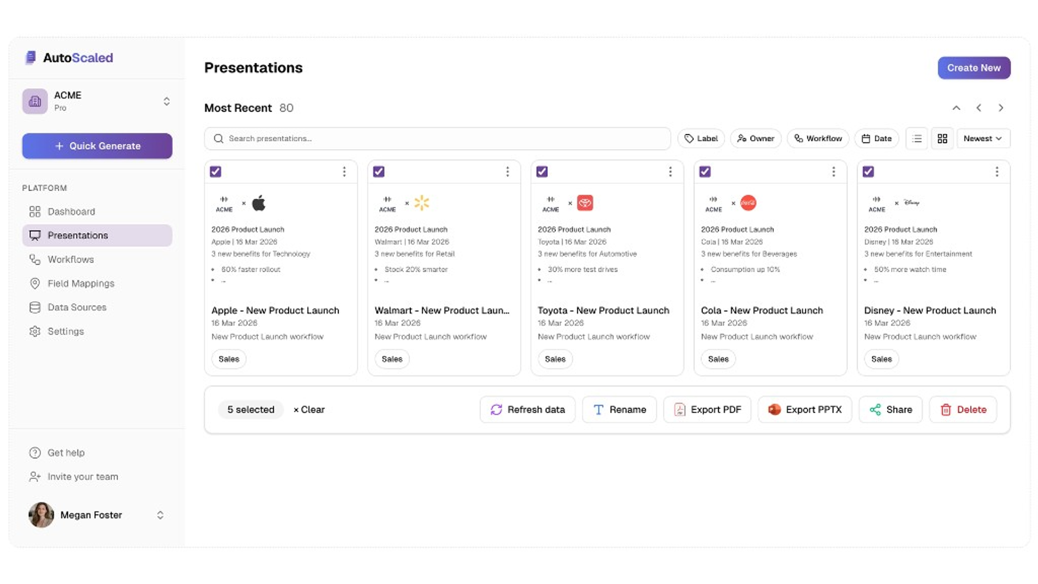 Screenshot of the AutoScaled Presentations dashboard: a grid of generated decks with filters, sorting, selection, and bulk actions such as refresh, export, and share.