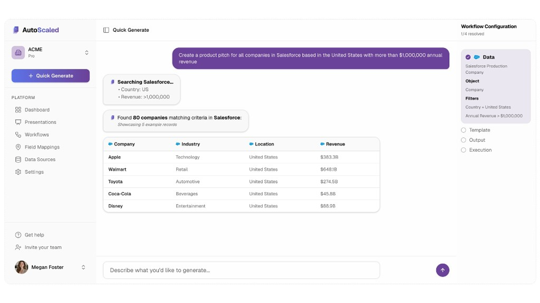 Screenshot of the AutoScaled Quick Generate interface: a natural-language prompt, Salesforce record matching, and a preview table of companies.